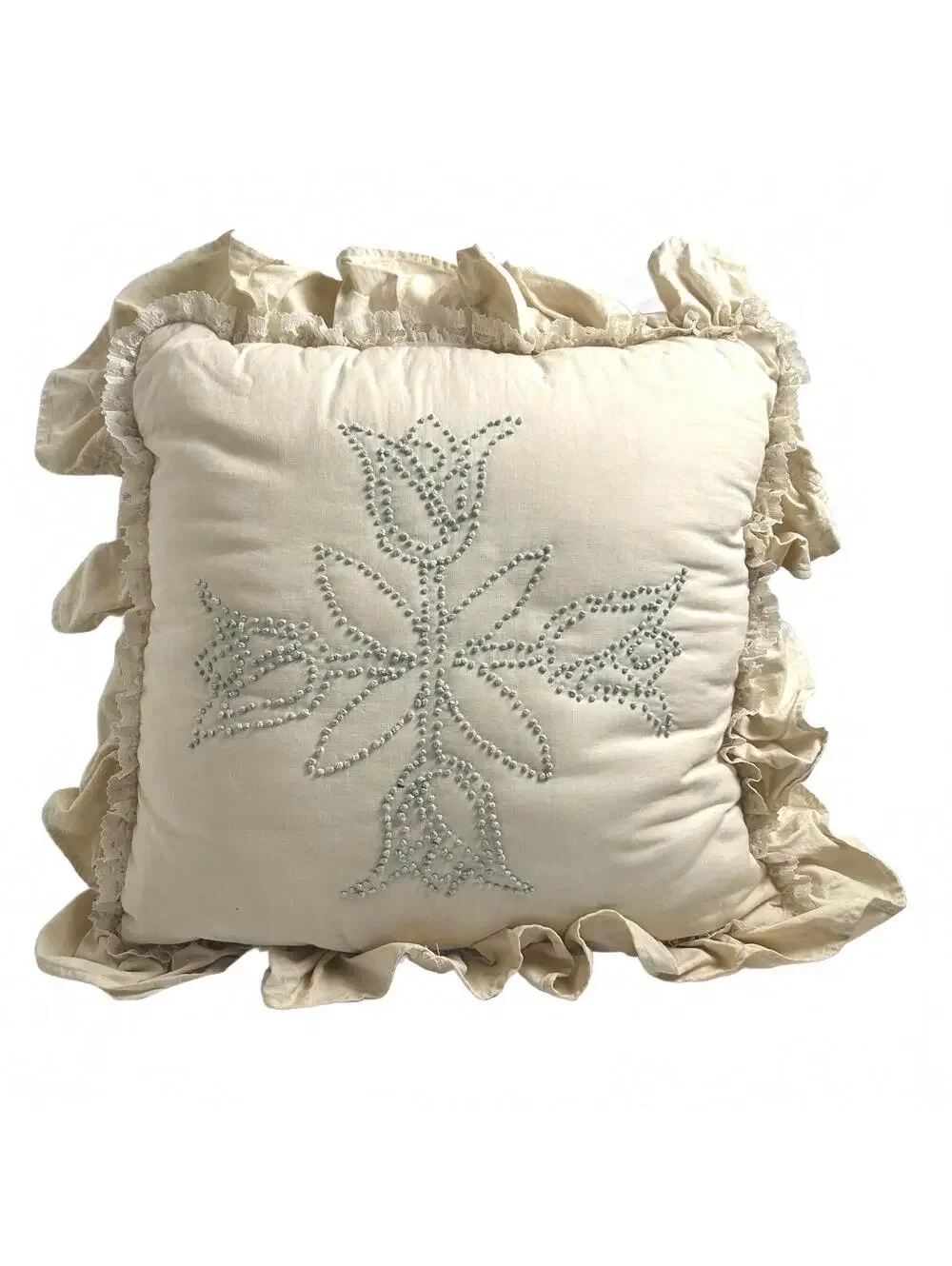 Handmade Cream Embroidered Floral Square Throw Pillow with Ruffled Edges